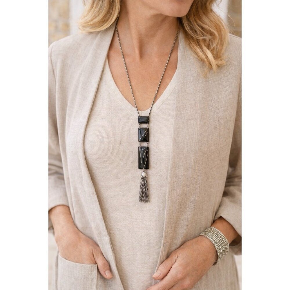 Chicos Long Chunky Statement Necklace Boho Black Enamel Tassel Pendant Chain